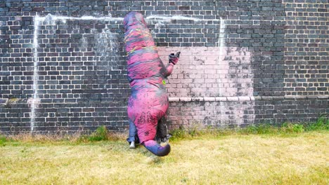 funny dancing prehistoric dinosaur costume as bubbles float against brick wall