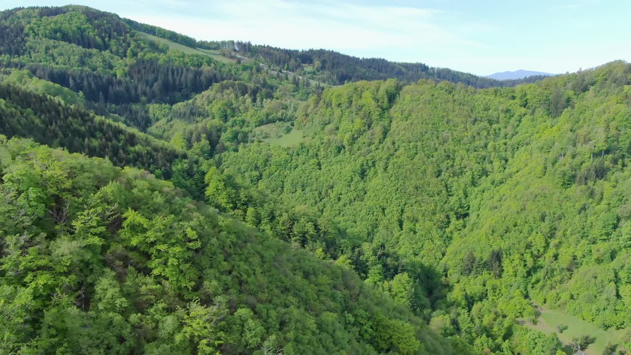 Wide angle right side panning drone shot of beautiful mountains and valleys in Suhi Potok settlement in the Municipality of Kocevje in southern Slovenia