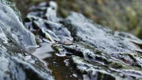 macro de rocas erosionadas llenas de agua, lluvia cayendo