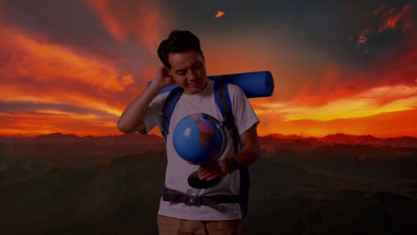traveler contemplating a world map at sunset