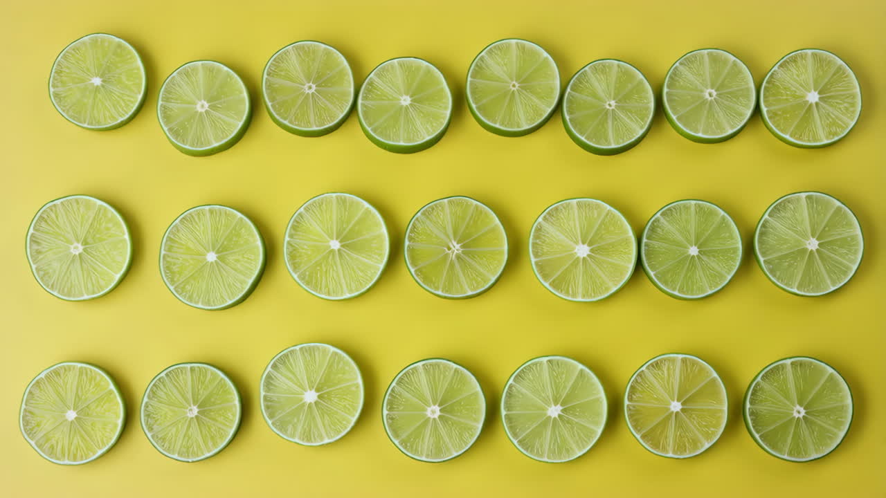 Fresh Green Lime Slices Arranged on a Yellow Background