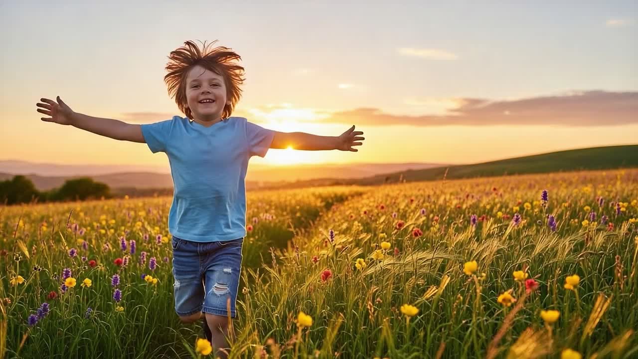 A Joyful Child Running Through a Vibrant Flower Field at Sunset, Expressing Pure Happiness in a Scenic Natural Landscape, Capturing the Essence of Freedom and Playfulness