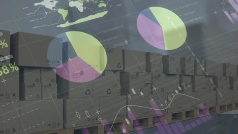 animación del procesamiento de datos financieros sobre cajas en cintas transportadoras en el almacén