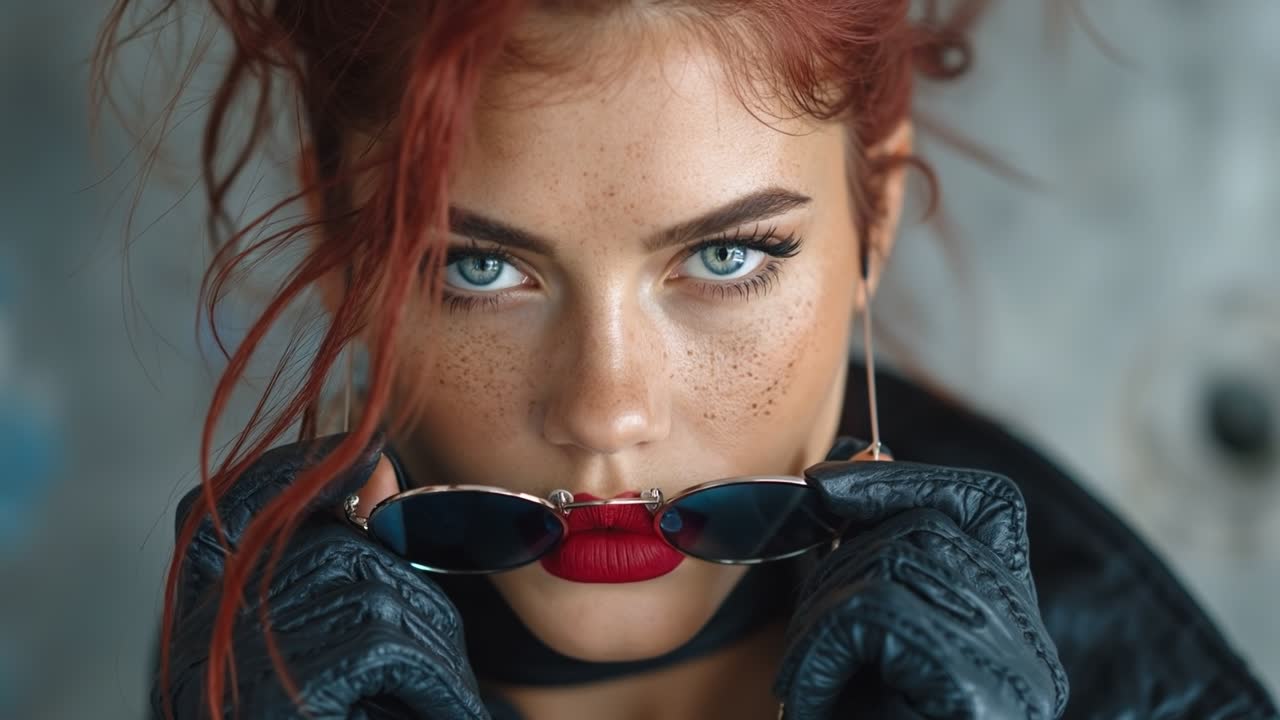 Ritratto intenso di una donna con capelli rossi e occhi blu che guarda sopra gli occhiali da sole, indossando una giacca di pelle nera.