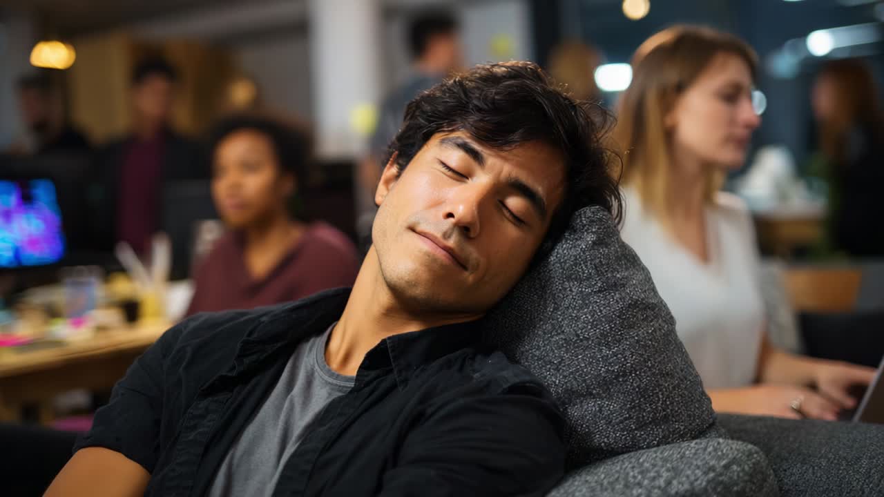 A young man relaxes in a modern workspace, taking a peaceful nap on a comfortable couch. The vibrant atmosphere is filled with the energy of colleagues collaborating around him, creating a harmonious balance of rest and productivity