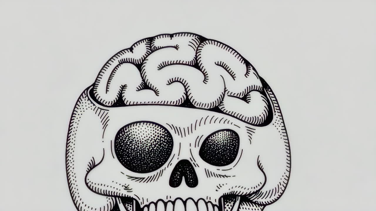 Stylized Skull with Exposed Brain Illustration