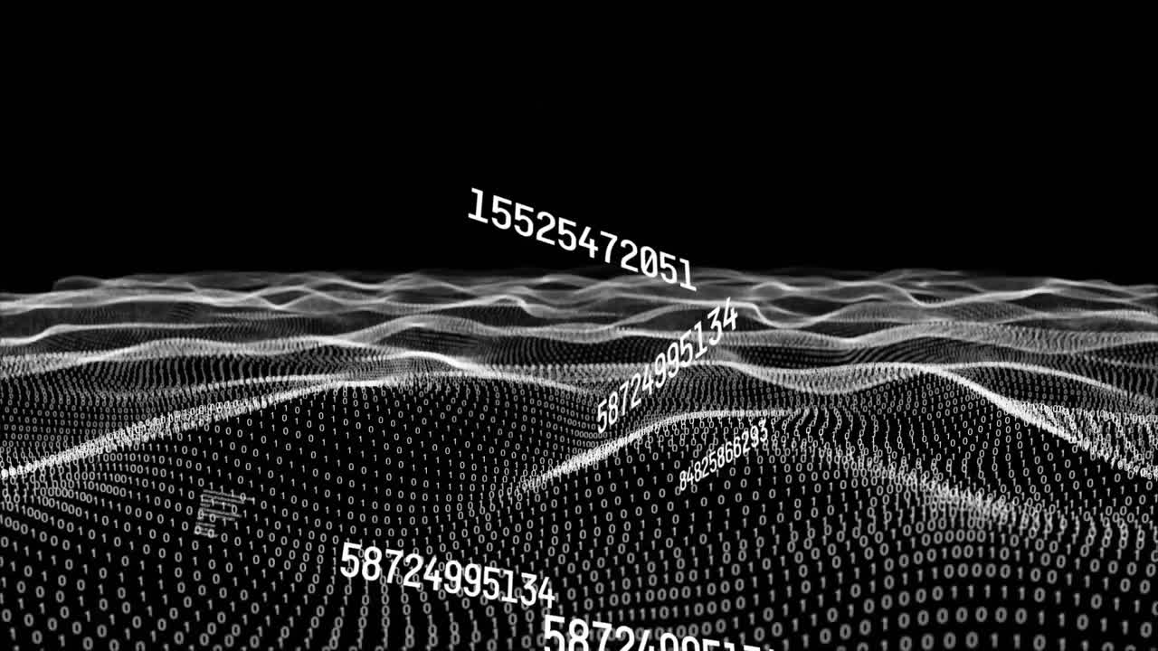 Animation of numbers changing with binary coding data processing in waving mesh