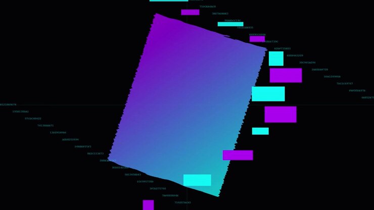 Abstract Digital Background with Rotating Gradient Rectangle and Floating Data