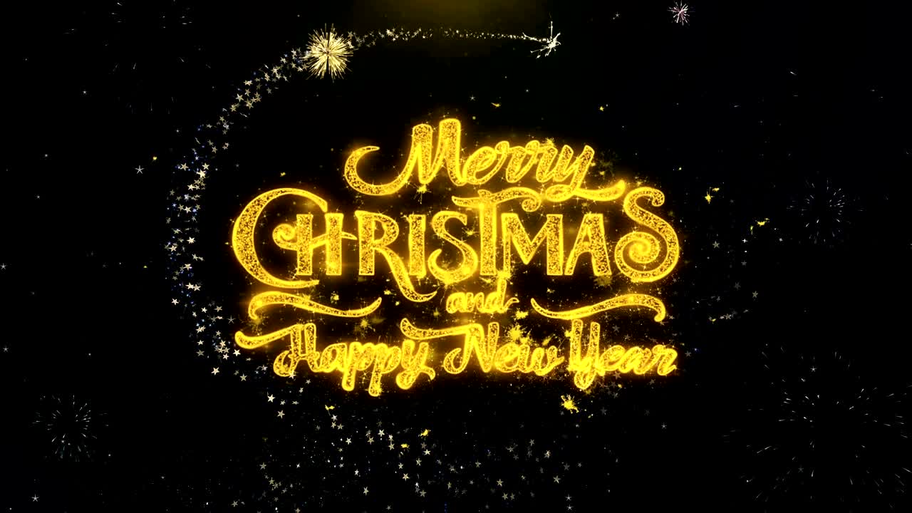 메리 크리스마스 및 새해 금 반이는 입자 스파크 폭발 불꽃놀이 디스플레이 4k 축하 카드, 축하, 파티 초대, 선물, 이벤트, 메시지, 휴가, 축제 소원