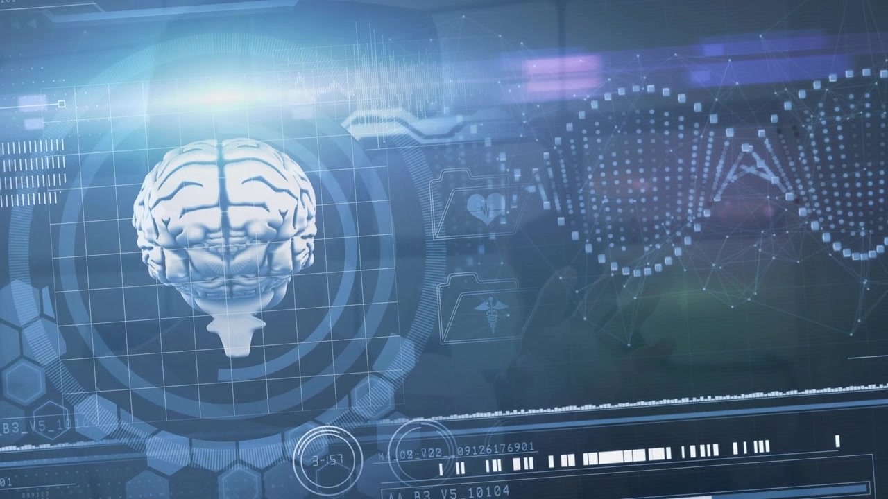 Animation of data processing over caucasian woman using vr headset