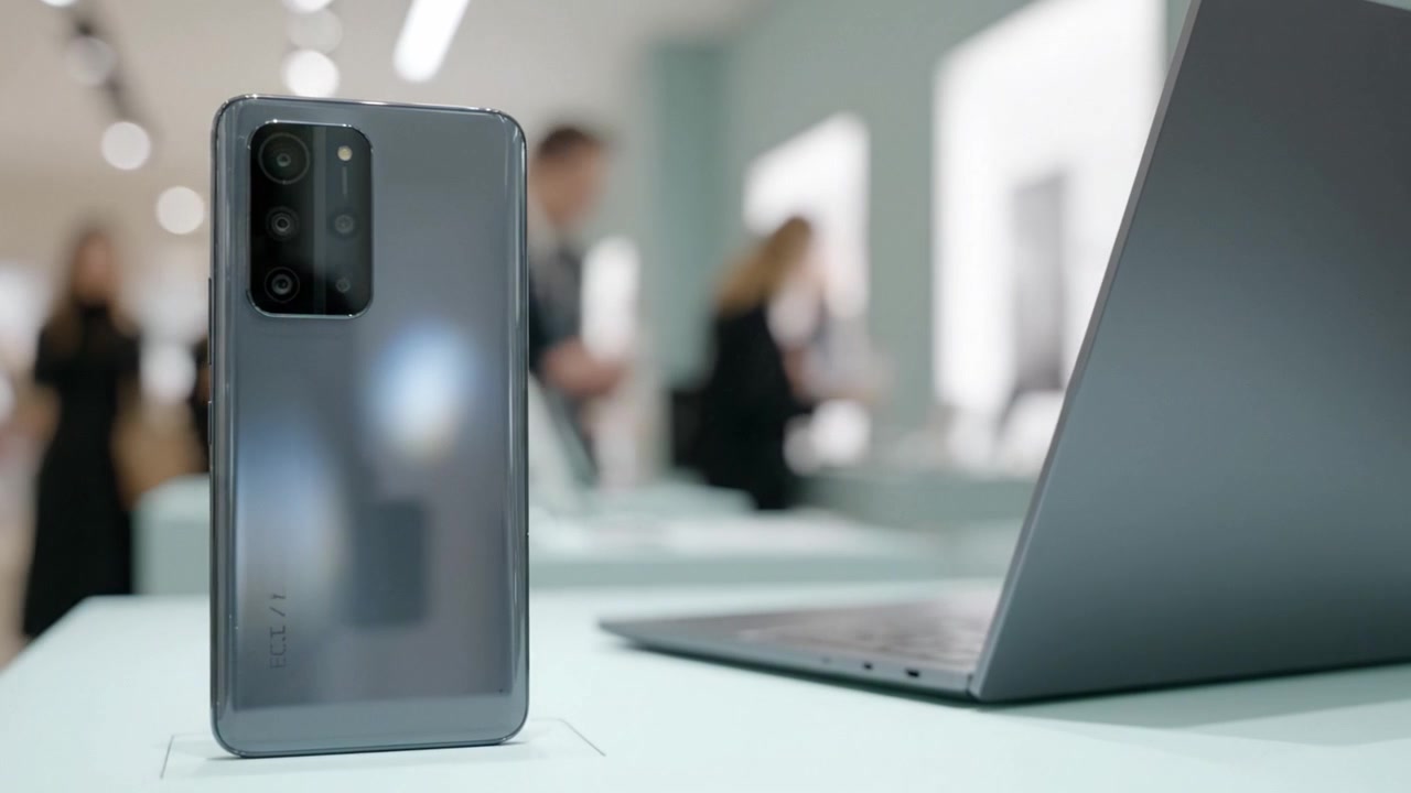 Sleek Modern Smartphone and Laptop on Display in a Stylish Retail Environment, Showcasing Cutting-edge Technology and Innovative Design for Tech Enthusiasts