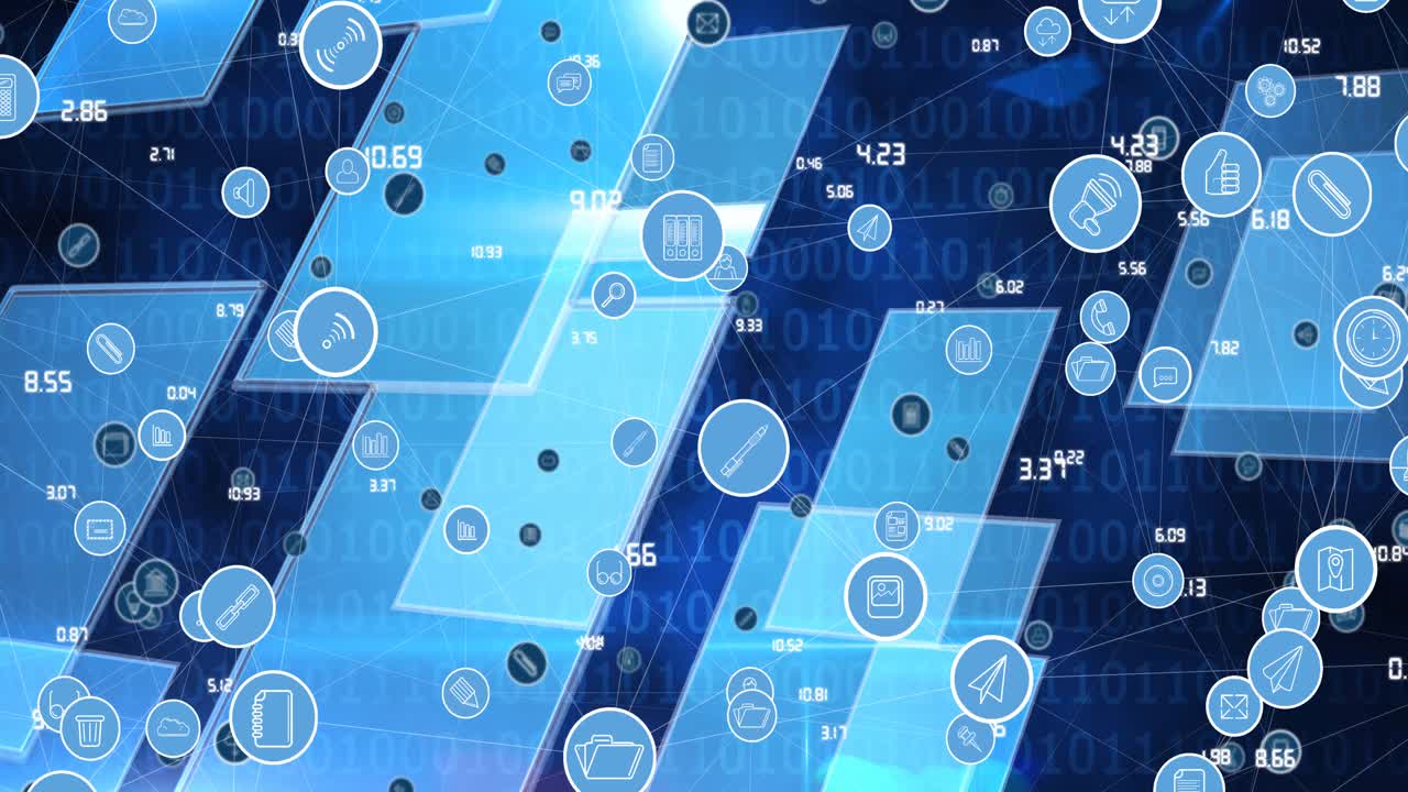 백그라운드에서 바이너리 코딩을 통해 디지털 아이콘으로 연결 네트워크의 애니메이션