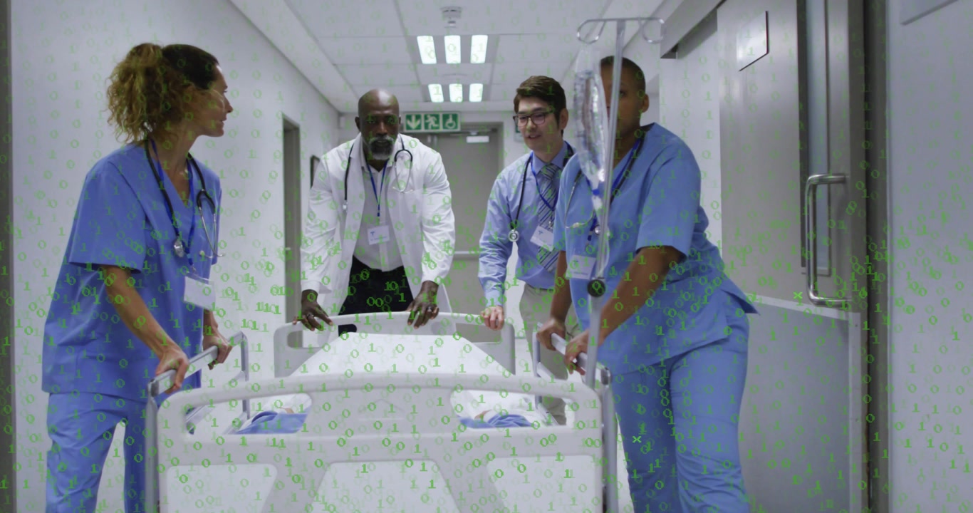 Positioning hands on rails, medical team pushing empty gurney with IV bag toward treatment room