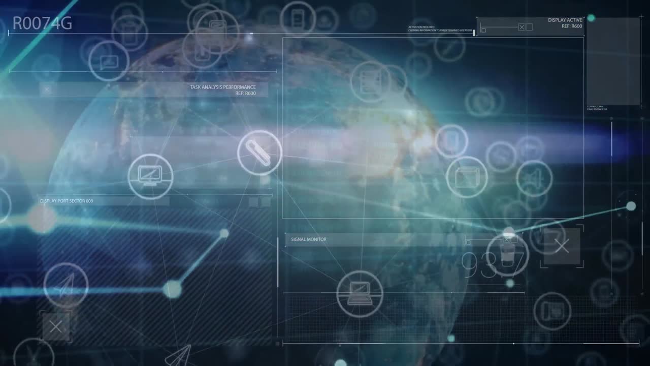 animación de puntos conectados con números sobre iconos alrededor del globo sobre un fondo abstracto.