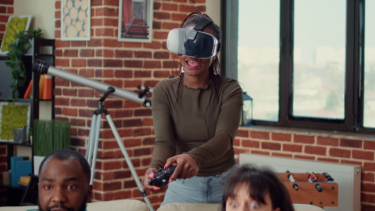 African american woman playing online video games with vr headset