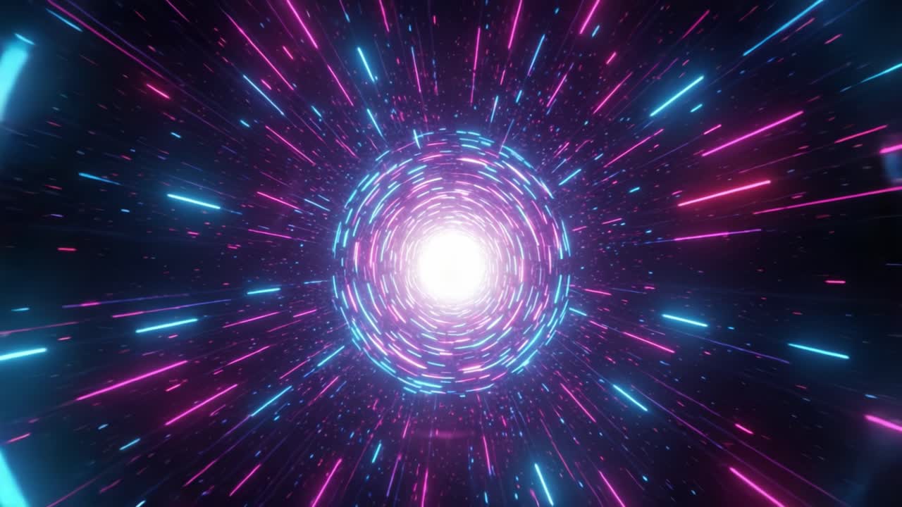 A vibrant cosmic tunnel bursts with energy as bright pink and blue light streaks swirl towards a glowing center. The rush of colors creates a feeling of motion and depth, drawing viewers into an otherworldly realm. This captivating display evokes a sense of wonder and exploration, reminiscent of tra