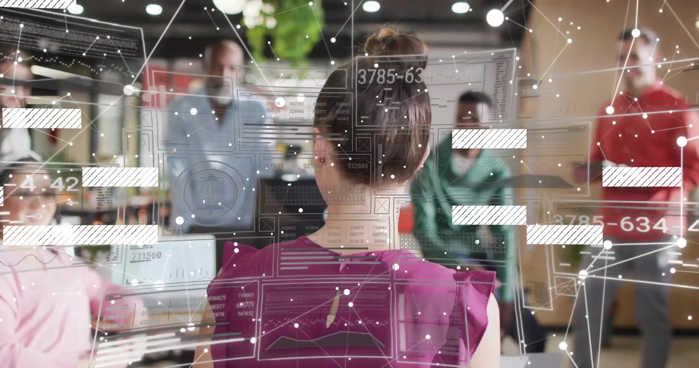 Woman presenter leading business data talk with colleagues initiating network overlay data blocks