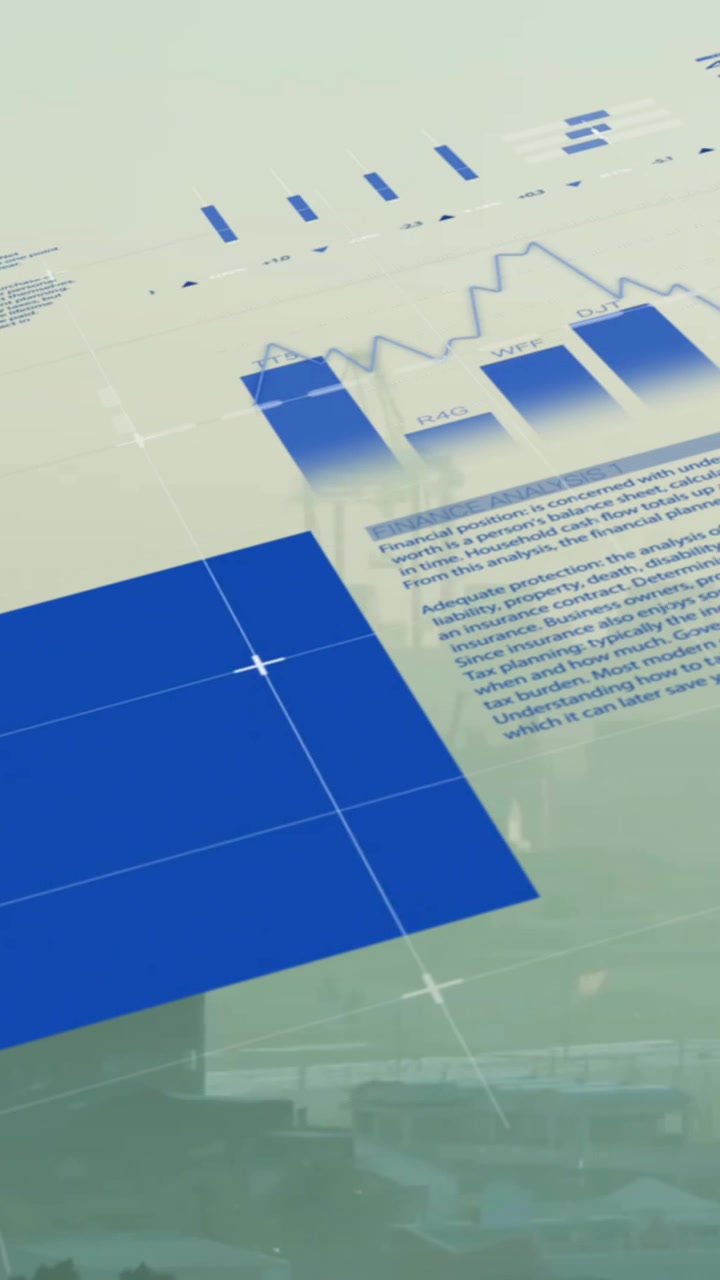 Animation of blue infographic interface over fog covered modern cityscape against sky