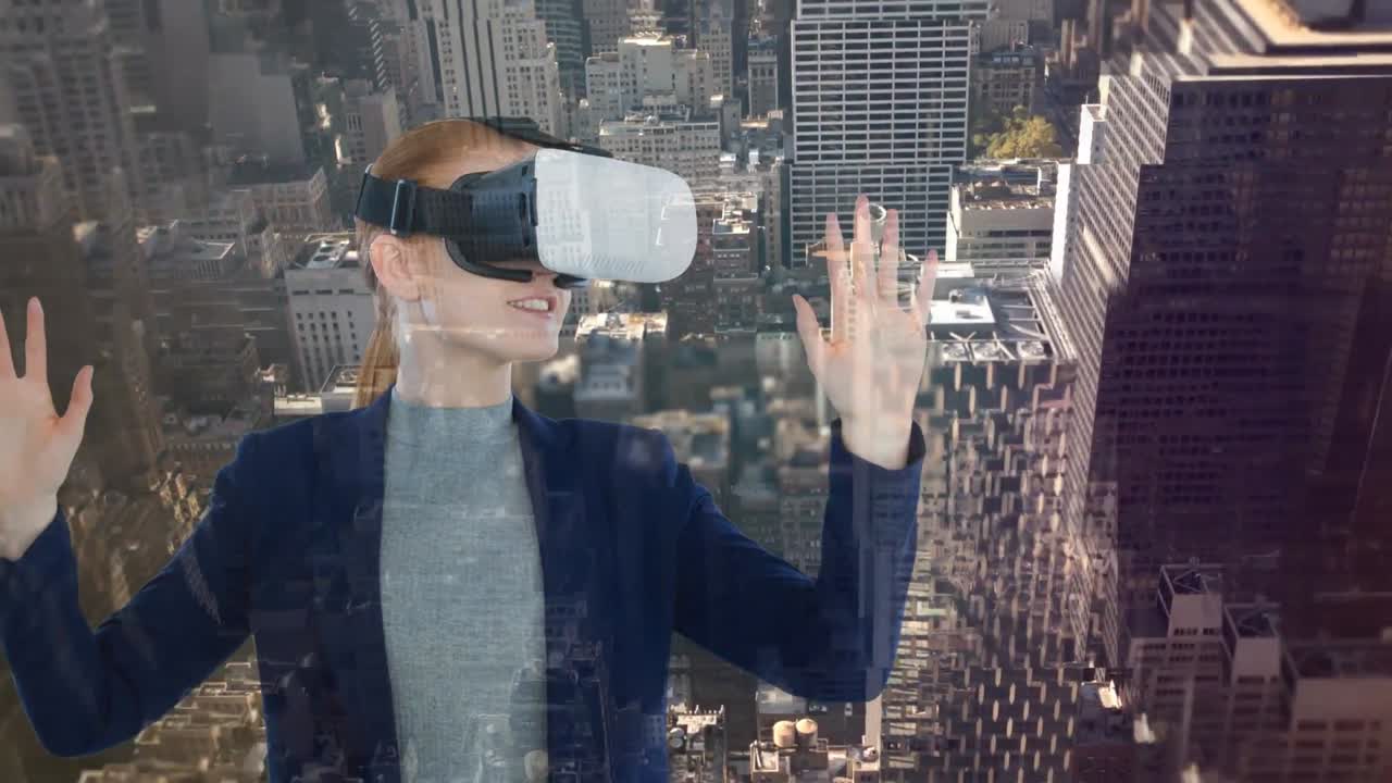 Woman using VR with city skyline