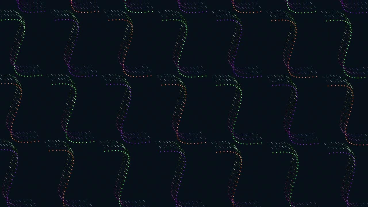 Dynamic and flowing curved lines of purple, green, and blue on a black background
