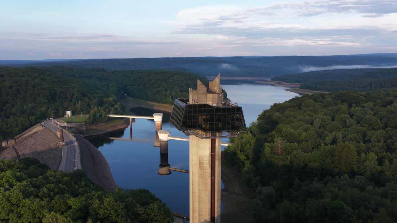 Tower of the Gileppe panoramic height, glass architecture, viewpoint, stunning view over Lac du Barrage and nature. Aerial view