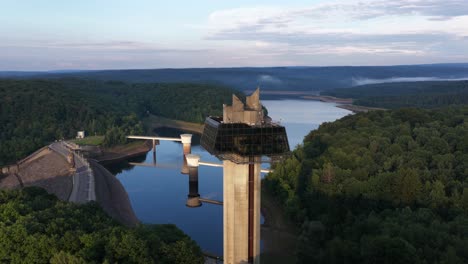 tower of the gileppe panoramic height, glass architecture, viewpoint, stunning view over lac du barrage and nature. aerial view