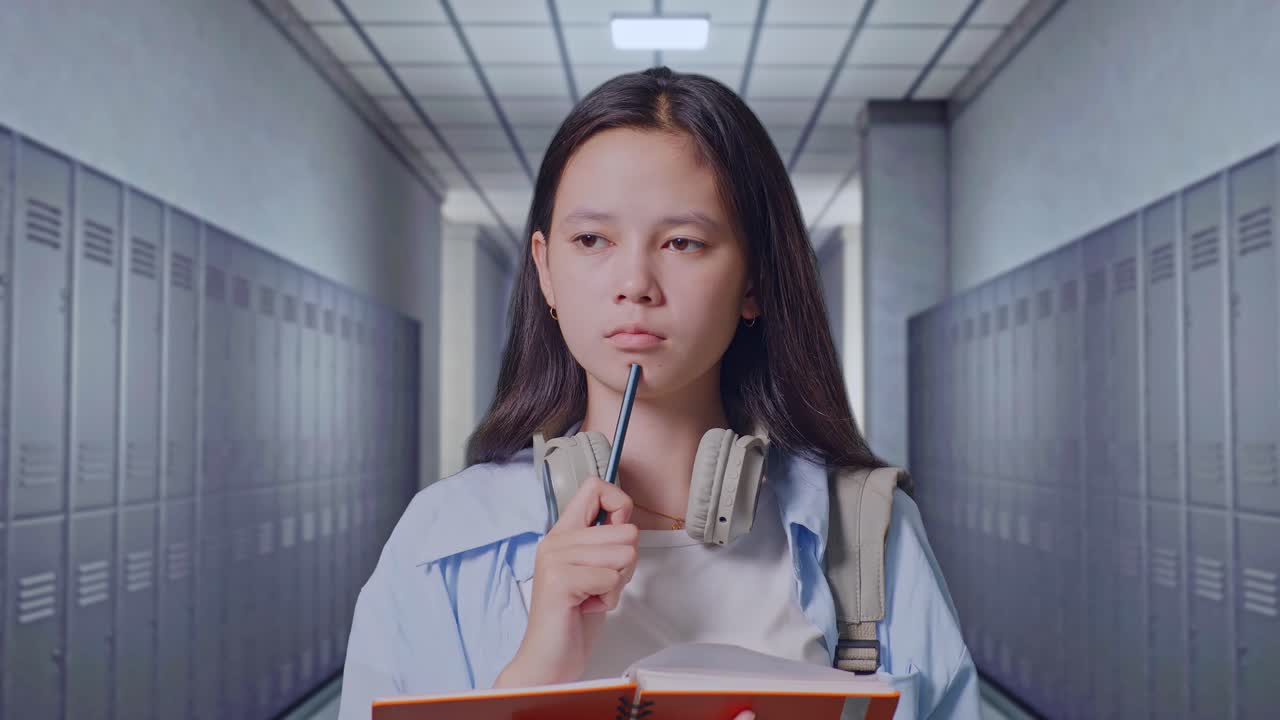 복도 에 서 있는 동안 노트북 에 메모 를 하고 생각 하는 배 을 들고 있는 아시아 청소년 여자 학생 의 근접 사진