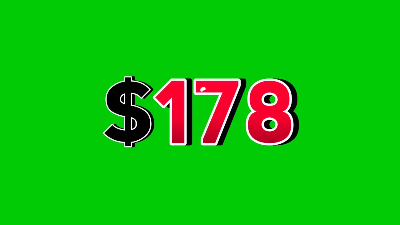 Animasyon numarası 178 dolar işareti, duman efektli hareketli grafikler, yeşil ekran arka planı, canlı kırmızı sayılar. Video öğeleri için gölgeli 3D video efekti, iş konsepti.