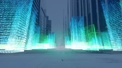 animation of metaverse city moving over cityscape