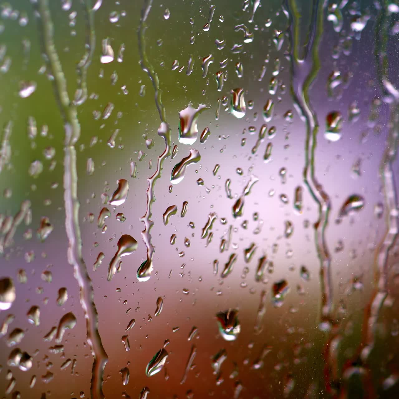 Raining weather. Rain droplets flowing on glass surface. Raindrops falling down on the window glass. Water drops on window.