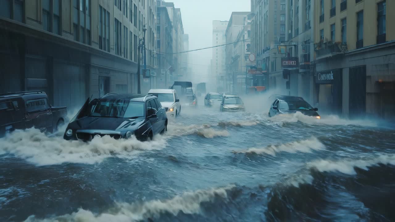 Flooded City Street with Cars