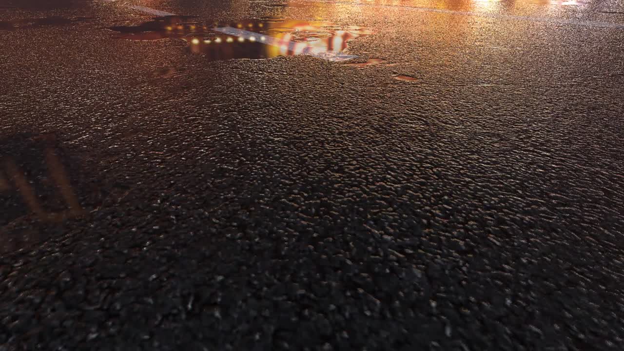 3D Heavy Rain Hitting Road At Night - 4K Realistic Rain Particle (Loopable) - Rainy Day on a colorful street with traffic - Wet Road At Night - Low angle shot of in the rain - Rainfall And Reflection On Road - Loopable Moving Image - Germany - Frankfurt