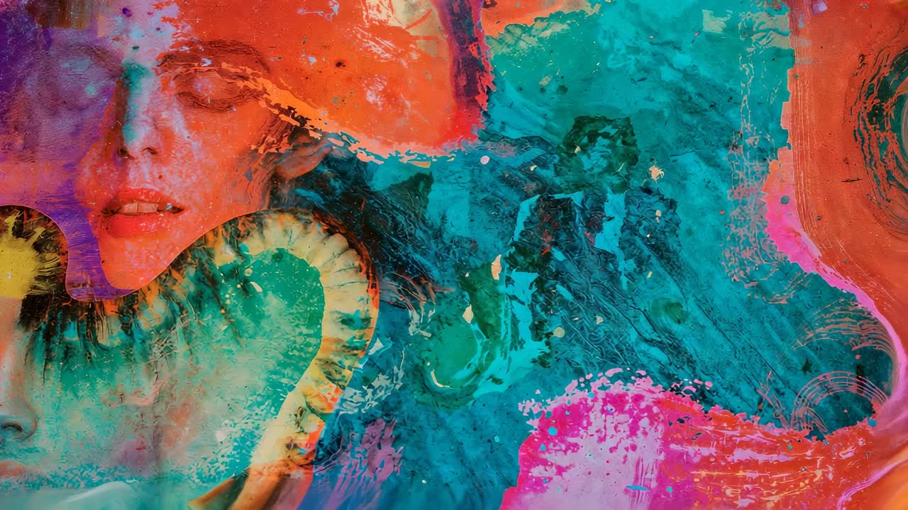 Pouring viscous paint obscuring face on flat surface, swirling into vibrant abstract fluid art