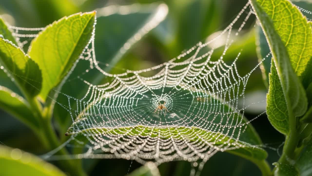 A Stunning Close-Up of a Dew-Covered Spider Web Glimmering in Sunlight Amidst Lush Green Leaves, Capturing the Beauty of Nature's Intricate Designs