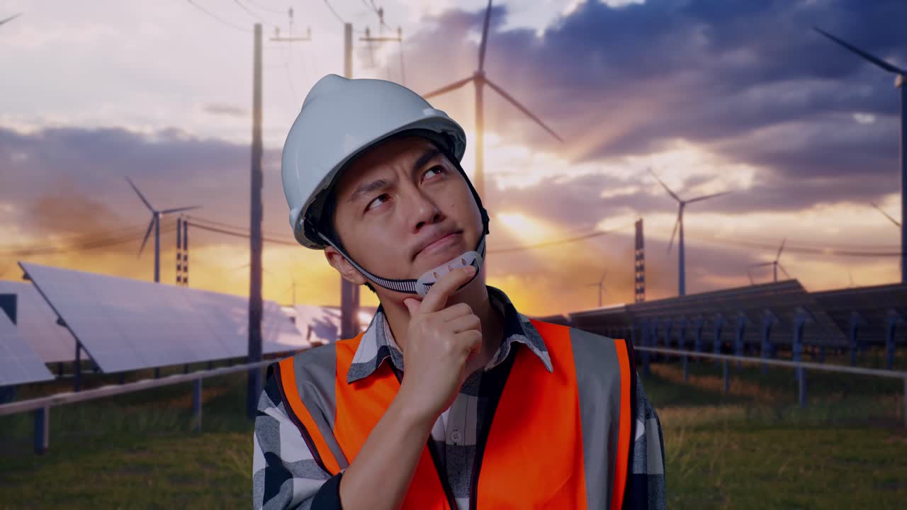 Close Up Of Asian Male Engineer With Safety Helmet Thinking About Something And Looking Around While Standing With Solar Panel and Wind Turbines