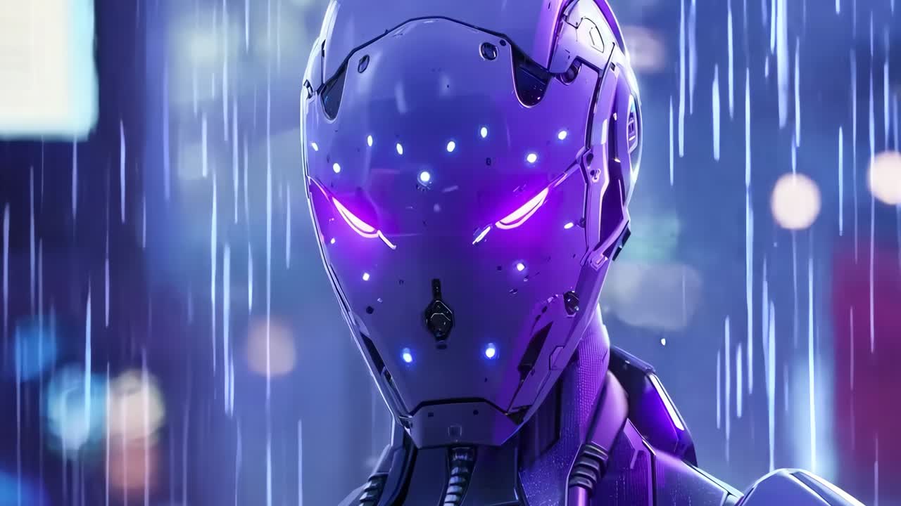 un hombre con un traje futurista parado bajo la lluvia