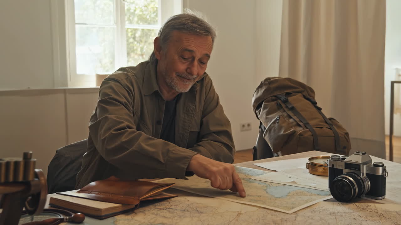 Uomo che pianifica un'avventura con mappa e macchina fotografica