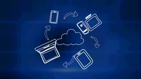 animación de la red de conexiones con nube e iconos sobre pantallas digitales