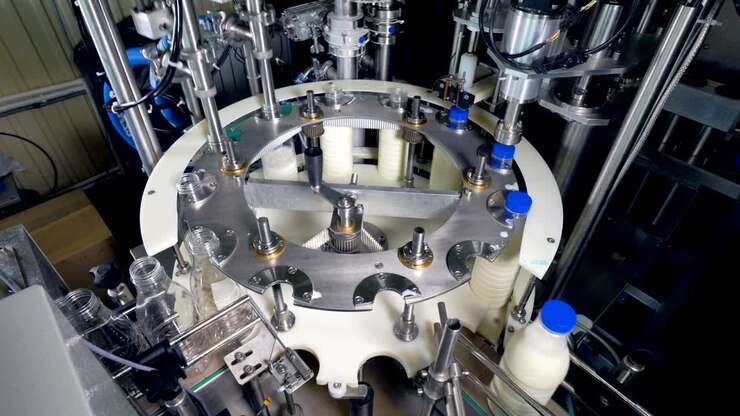 A fast motion shot of milk bottle packing.