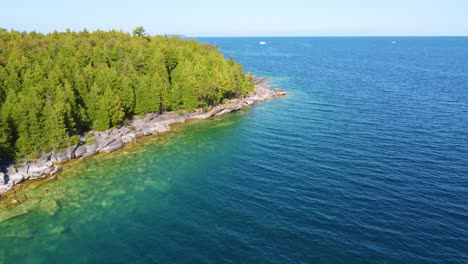 aerial of white pine over georgian bay clear water in ontario, canada