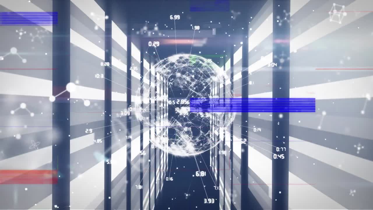 데이터 처리의 애니메이션과 파란색 배경의 지구