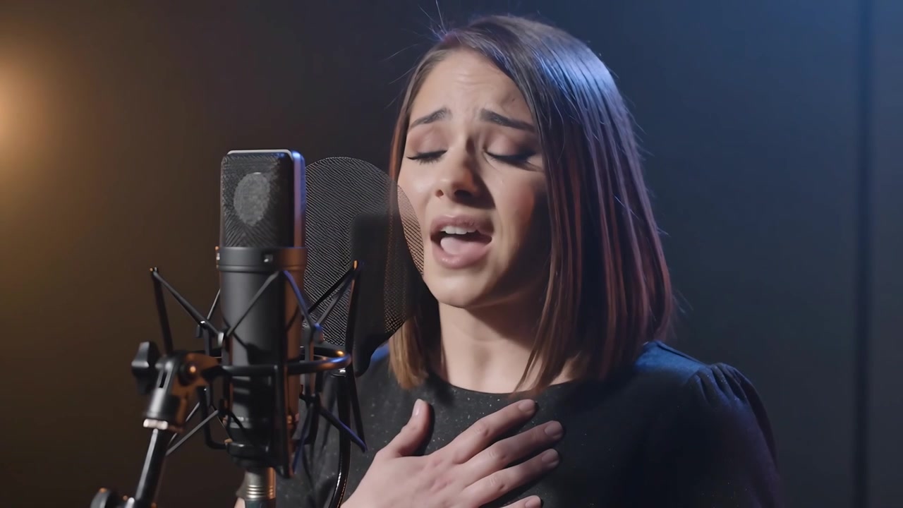 Chiudendo gli occhi, chinandosi verso il microfono, una cantante con un top scuro registra una ripresa in studio con un microfono a condensatore.