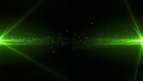 animation of glowing green light energy particles moving to centre in from left and right, on black