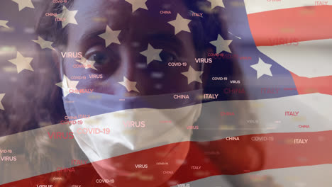 covid-19 concept text and woman wearing face mask against us flag waving