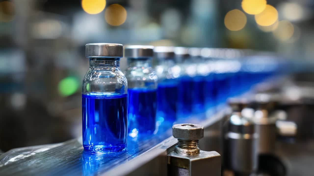 A Series of Blue Vials in an Industrial Processing Line Captured in Two Frames, Highlighting the Precision and Efficiency of Modern Laboratory Manufacturing Equipment Under Ambient Lighting