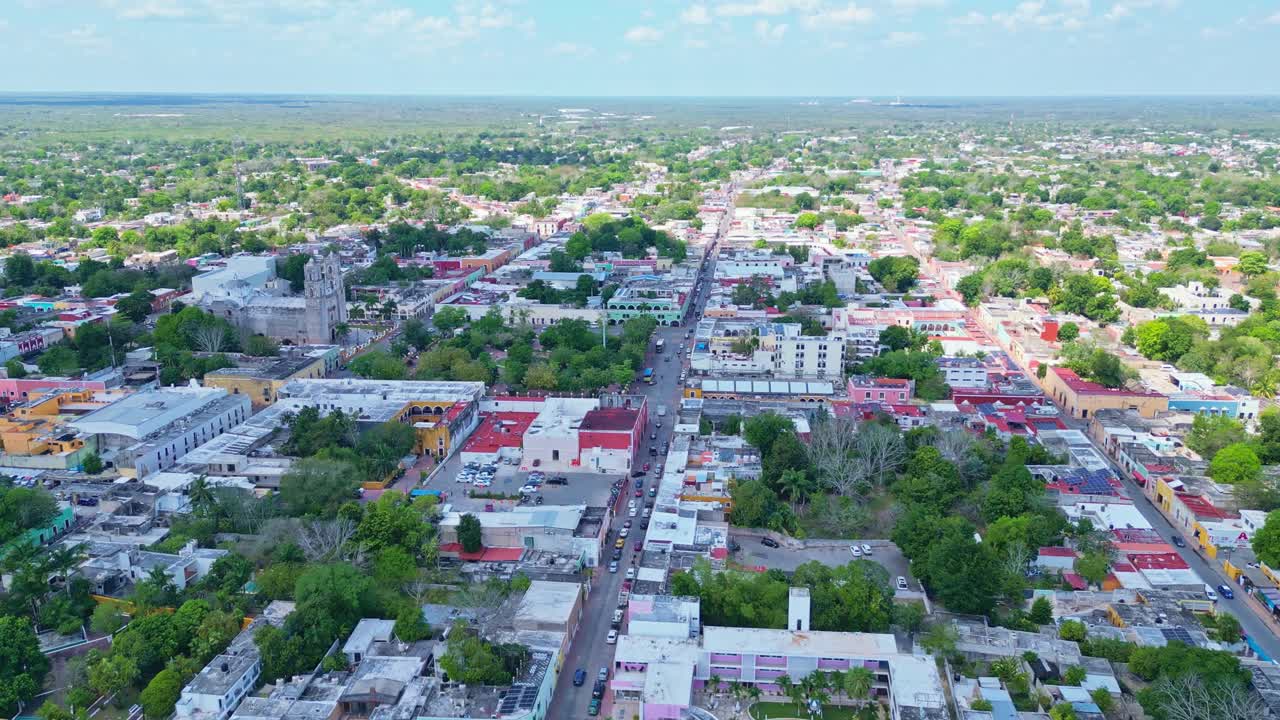 Valladolid town, featuring the church and vibrant buildings, aerial view