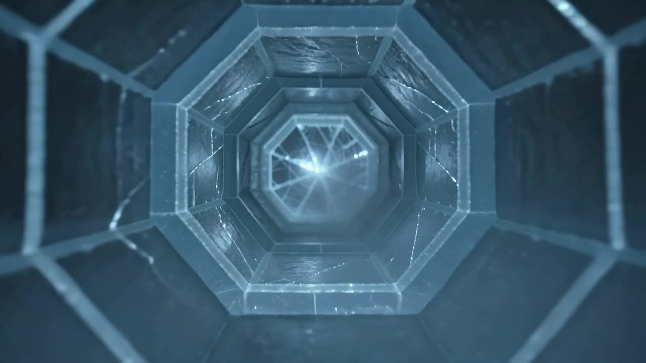Moving camera through octagonal tunnel closing on central light, revealing radial cracks and drops