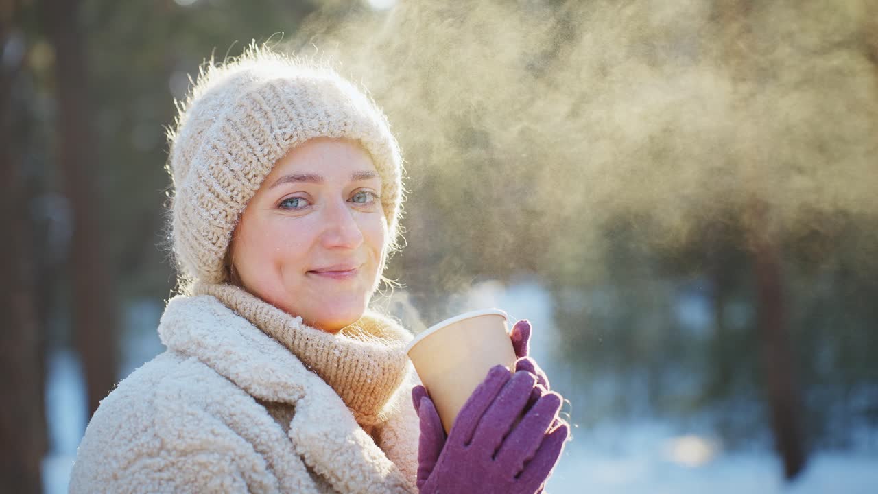 Woman enjoying a warm drink in a winter forest