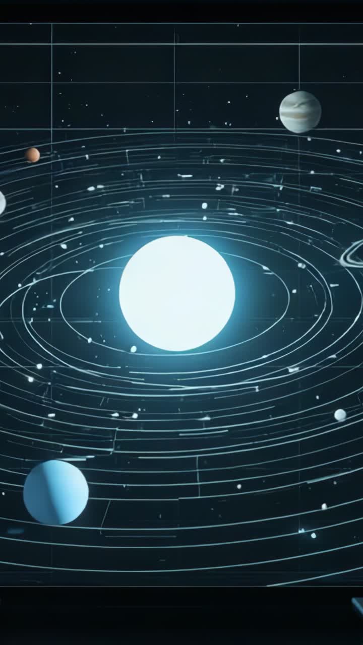 Vertical video: Opening 3D solar system orbiting star in space with planets before fading to black