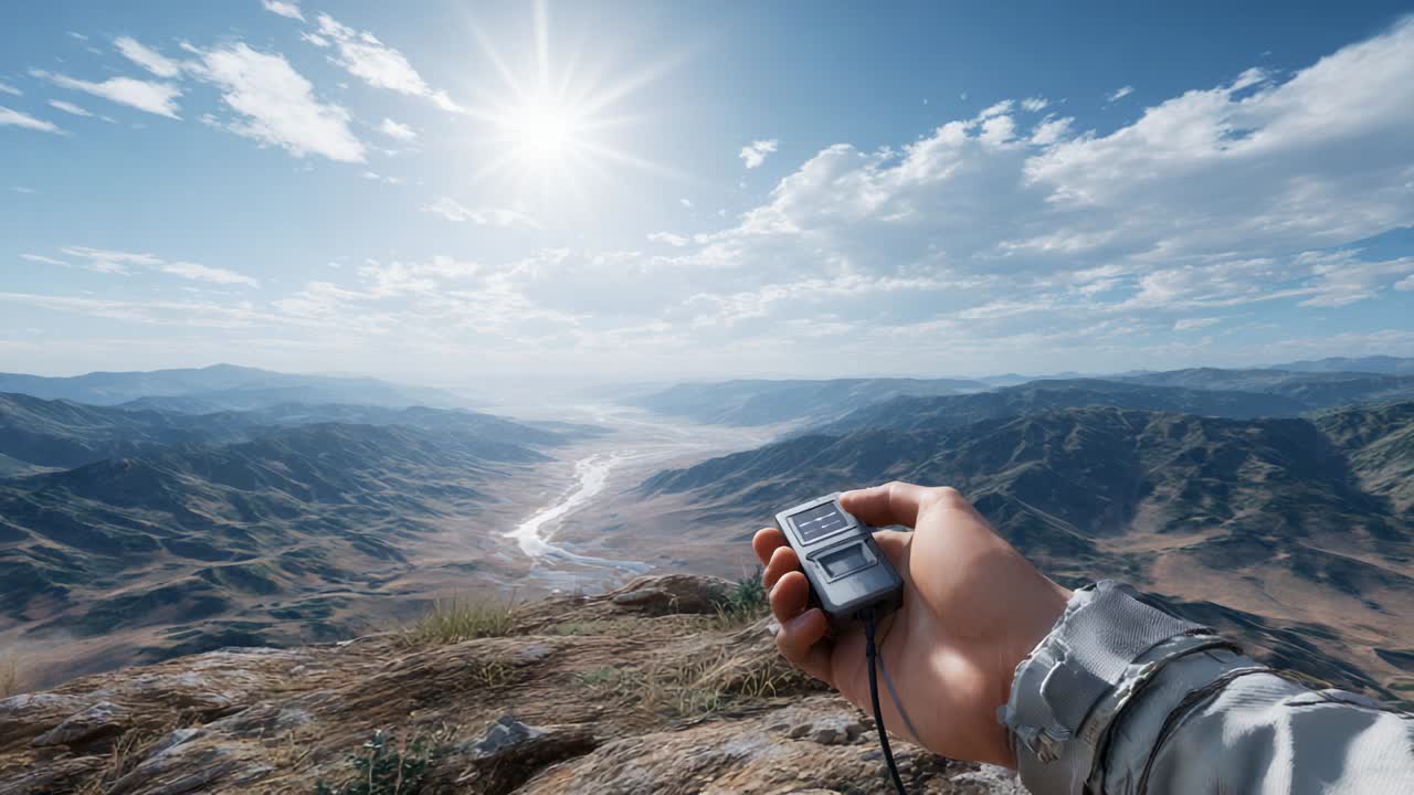 A Spectacular View from a Mountain Ridge Under a Bright Sun, Showcasing a Vast Landscape with a Hand Holding a Device for Navigation, Symbolizing Exploration and Adventure in Nature's Beauty